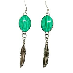 Sterling Silver Malachite Feather Earrings
